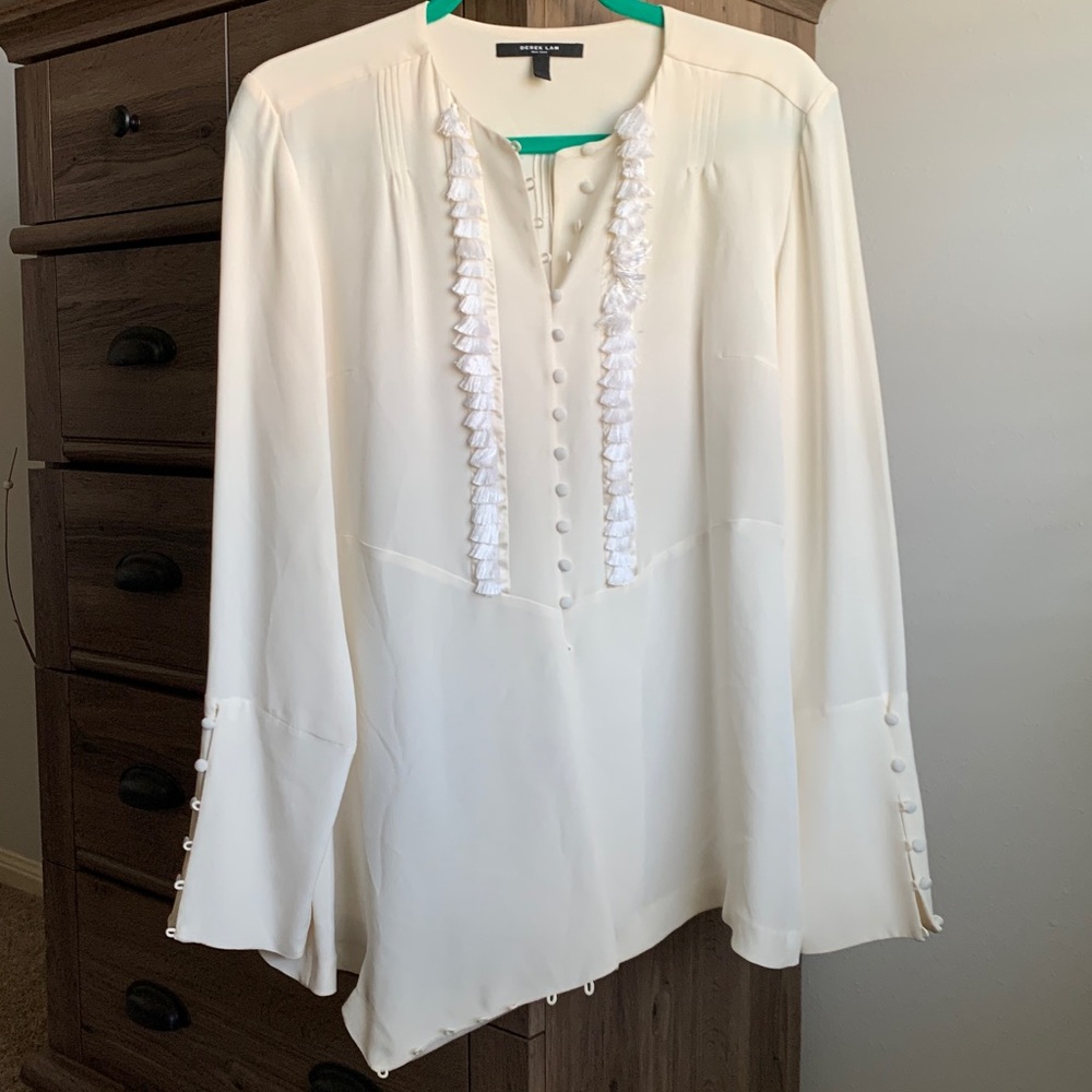 Derek Lam Cream Silk Victorian Blouse with Fringe/Tassels Size 8